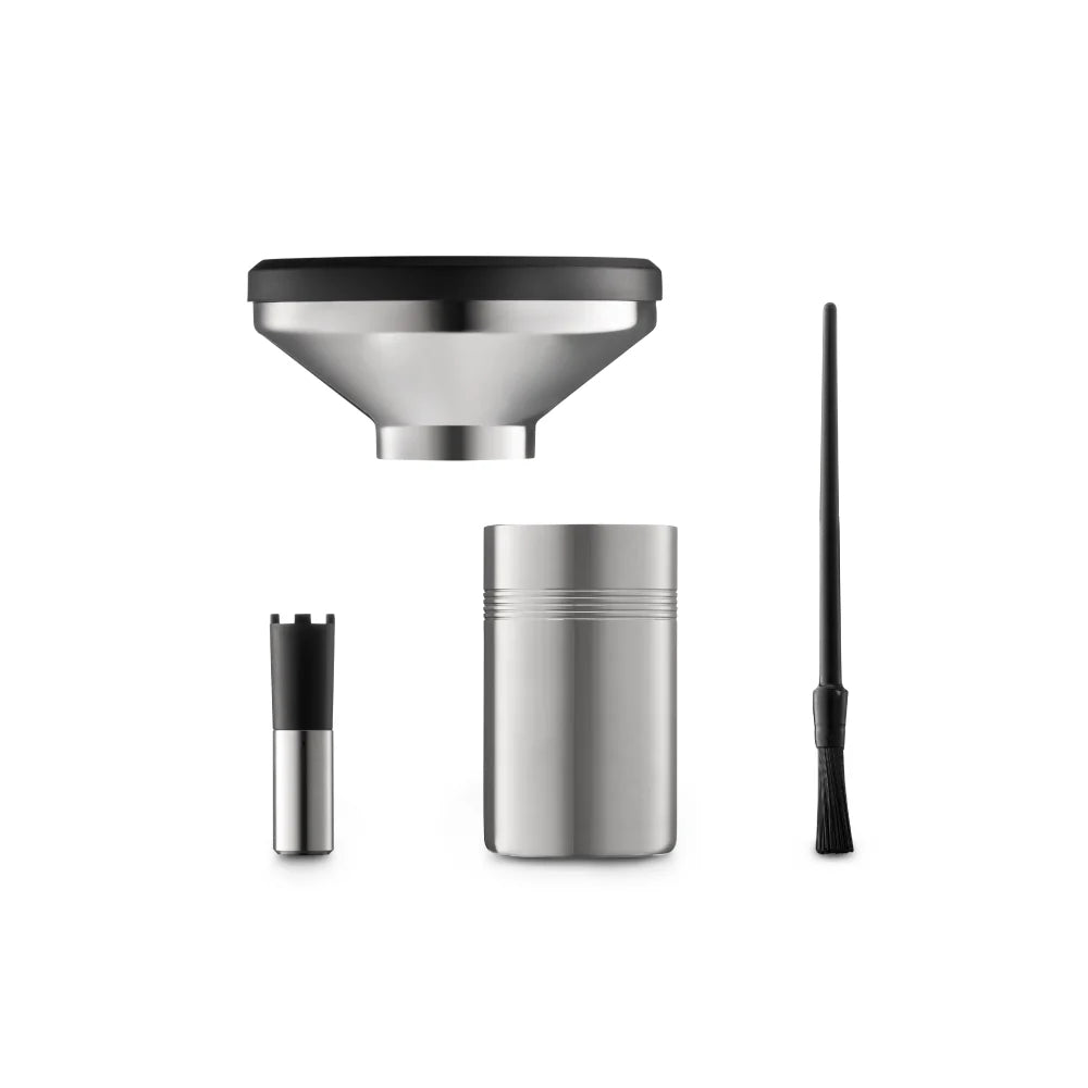 Voltage Coffee Supply™ Mazzer Philos Hopper, catch cup, brush, and shot finisher